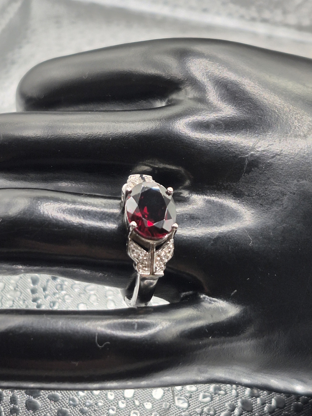 Sterling Silver Oval Red Garnet Gemstone Ring with Diamond Accent Stones